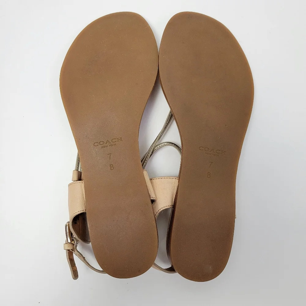 Coach Beige and Metallic Gold Leather T-Strap Sandals - Picture 16 of 16